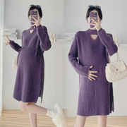 孕妇装秋冬毛衣裙(毛衣裙)紫色，小众镂空领珍珠，扣中长款连衣裙软糯打底裙子