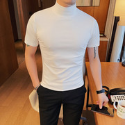 夏季韩版修身男士半高领，短袖t恤型男紧身弹力，时尚纯色圆领打底衫