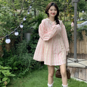 韩系甜美重工减龄系带碎花连衣裙，女小个子2023秋季可爱粉色短裙子