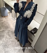 walkingcoco韩国2023秋装女蕾丝立体花朵，长款风衣外套