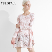 YUESPACE粉色印花蕾丝衫打底衫春秋装女上衣长袖宽松圆领镂空套头