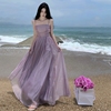超仙大摆气质紫色文艺吊带连衣裙，无袖高腰a字裙纯色，收腰显瘦长裙