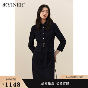 yiner音儿女装冬季衬衫，领系带羊，毛呢连衣裙