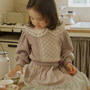 女童卫衣春款2024韩国儿童女孩洋气翻领蕾丝边宽松短款上衣