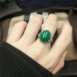 925纯银活口可调节时尚气质绿色，玉髓大宝石，个性妈妈食指戒指环女
