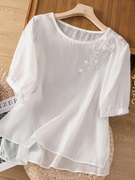 复古白色棉麻衬衫女士2023夏装设计感小众时髦刺绣气质上衣潮