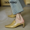 TATA PERKO联名女鞋尖头拖鞋女外穿中跟真皮半托女鞋方头高跟单鞋