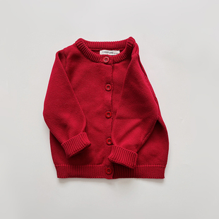 春秋婴幼儿童男女宝宝酒红色纯棉线针织圆领小厚毛衣开衫外套