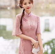 奥黛旗袍2024年春夏季裙子新中式国风连衣裙中袖改良长款茶服