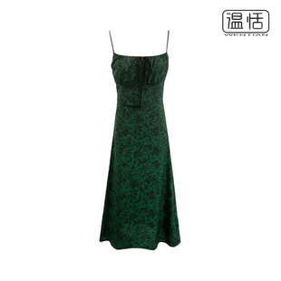 法式墨绿色复古碎花吊带裙女胸前系带显瘦收腰度假连衣裙