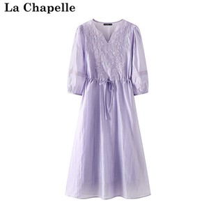 拉夏贝尔lachapelle夏季v领精致刺绣，七分袖连衣裙背心裙两件套