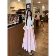 温柔风套装女春季韩系镂空防晒针织开衫，甜美粉色背心连衣裙两件套