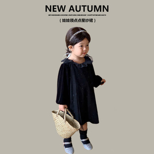 韩版女童黑色秋装丝绒连衣裙，2023儿童宝宝洋气长袖网纱公主裙