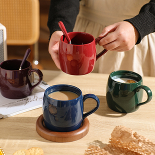 舍里欧式宝石色马克杯带勺高档精致咖啡杯子创意，情侣对杯陶瓷水杯