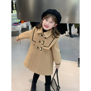 韩国女童毛呢外套春秋装儿童，时髦上衣加厚中长款可爱甜美呢子大衣