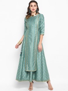 印度进口2024风情女装印花设计感七分袖圆领喇叭下摆长款绿色