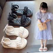 女童凉鞋2023夏季儿童珍珠蕾丝小女孩中大童公主鞋软底露趾沙滩鞋