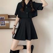 ins衬衫套装女夏季韩版时尚腰短袖上衣短款黑色裙子两件套