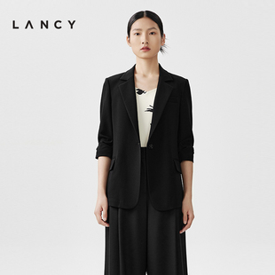 LANCY/朗姿2024春季醋酸中袖中长款西装外套v领修身西服女