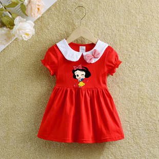 夏装女童装连衣裙婴幼红色纯色，短袖洋气翻领，裙子娃娃裙纯棉