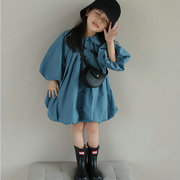 女童娃娃领小清新长袖花苞，裙儿童泡泡，袖蓝色潮童连衣裙春秋装