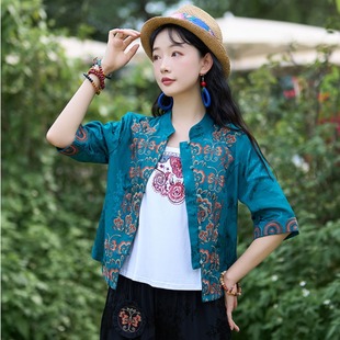 2023夏季民族风女装重工刺绣缎面开衫短外套新中式唐装女上衣