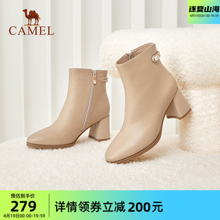 骆驼女鞋2023年冬季牛皮，真皮圆头侧拉链粗跟踝靴女高跟短靴