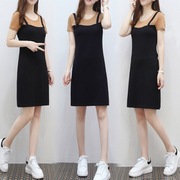 2024夏季韩版短袖，拼接中长款假两件一步裙，背带修身显瘦连衣裙女潮