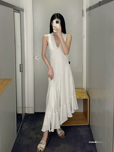 极简COS风标准版型V领不对称白色无袖长裙23夏季通勤女连衣裙