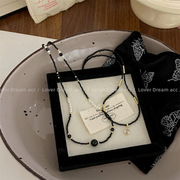 韩国锆石水钻珍珠黑色串珠项链 时尚小香风高级锁骨链项饰女