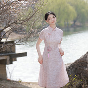 2023夏季改良旗袍，大摆双层蕾丝优雅连衣裙，中长款礼服