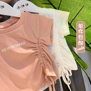 女童夏季短袖t恤抽绳款上衣纯棉女孩圆领上衣ins简约风字母韩版