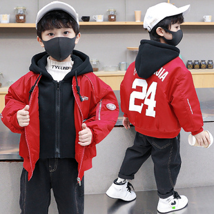 男童冬装外套新年2023小儿童红色棉衣宝宝棒球服男孩过年衣服