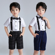 男童礼服帅气夏季格子背带裤，两件套英伦风，六一儿童钢琴演出服