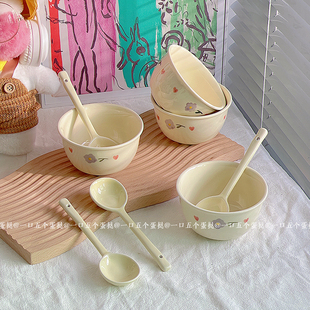 奶油fufu陶瓷碗可爱米饭碗汤碗甜品碗勺套装学生宿舍家用儿童餐具
