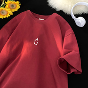 港风美式时尚短袖t恤男夏季设计ins百搭酒红色休闲体恤青少年半袖