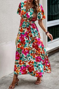 波西米亚夏季v领树叶，印花系带开叉，短袖连衣裙海边长裙女dress