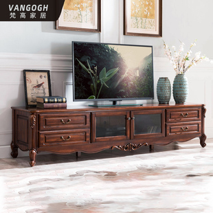 美式全实木电视柜2米客厅，地柜复古电视机柜子，2.4米欧式影视柜深色