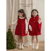 SonnyKids 女童冬季红色羊毛背心裙斗篷两件套高级礼服花边无袖裙