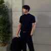MRCYC韩版半高领针织T恤男士纯色百搭修身短袖夏季高级薄款体恤潮