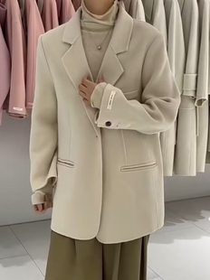韩版双面羊绒大衣女短款秋冬小个子米白色羊毛呢西装外套显瘦