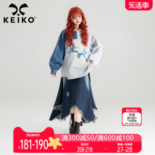 keiko小众设计牛仔拼接灰色，卫衣女2024春季卡通，兔子宽松连帽外套