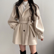 韩版秋冬装绑带气质小个子西装领赫本风中长款毛呢女大衣外套