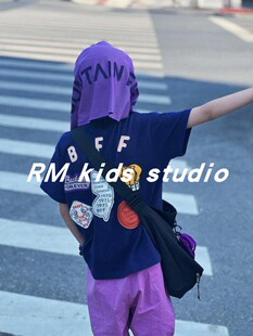 RM原创设计夏男女儿童宝日系纯棉3色字母卡通贴布刺绣徽章T恤