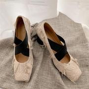 羊皮版~新中式方头交叉绑带，芭蕾鞋女粗跟玛丽珍鞋浅口中跟单鞋子