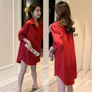 衬衫女士中长款大码女装长袖，性感外穿红色洋气，打底衫冬雪纺衬衣裙