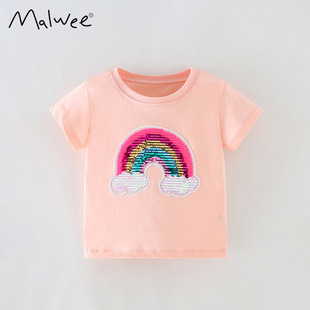 malwee女童T恤衫2024夏装儿童短袖洋气亮片彩虹外贸童装上衣