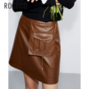 rococo秋季高腰半身裙，显瘦a字裙气质pu皮裙包臀短裙女