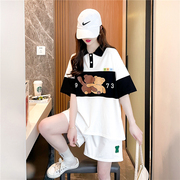 拼色Polo领设计感短袖短裤套装女夏季韩版宽松百搭大码两件套