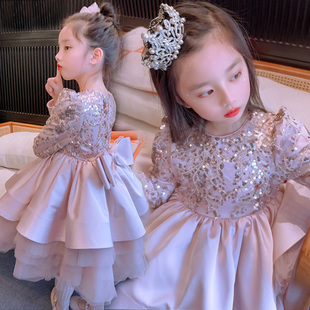 韩国高端女童连衣裙秋冬款加绒洋气亮片蓬蓬裙儿童公主裙生日礼服